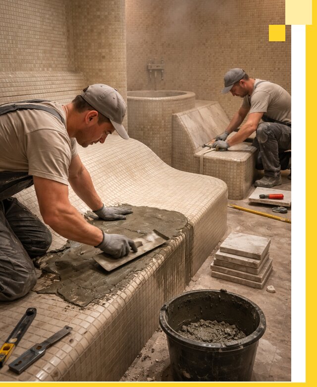 Лежаки для хамама под ключ в Екатеринбурге, проект и монтаж